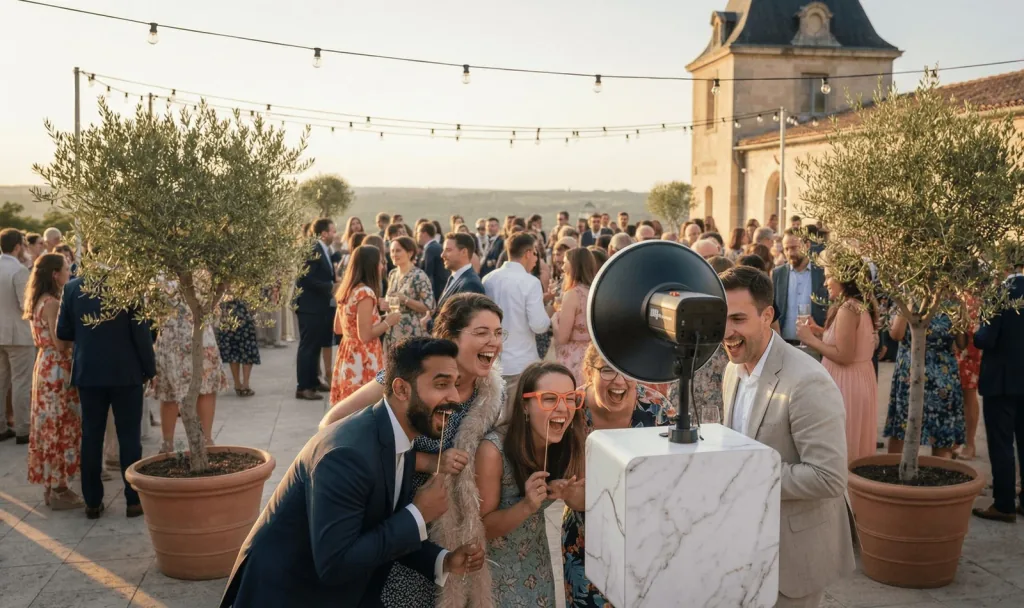 Des invités réunis autour du photobooth lors d’une réception