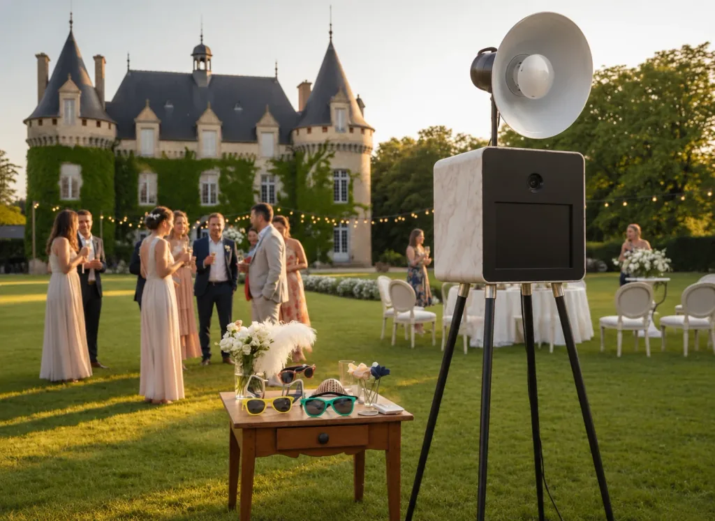 Photobooth finition marbre devant un château, avec des invités en arrière-plan