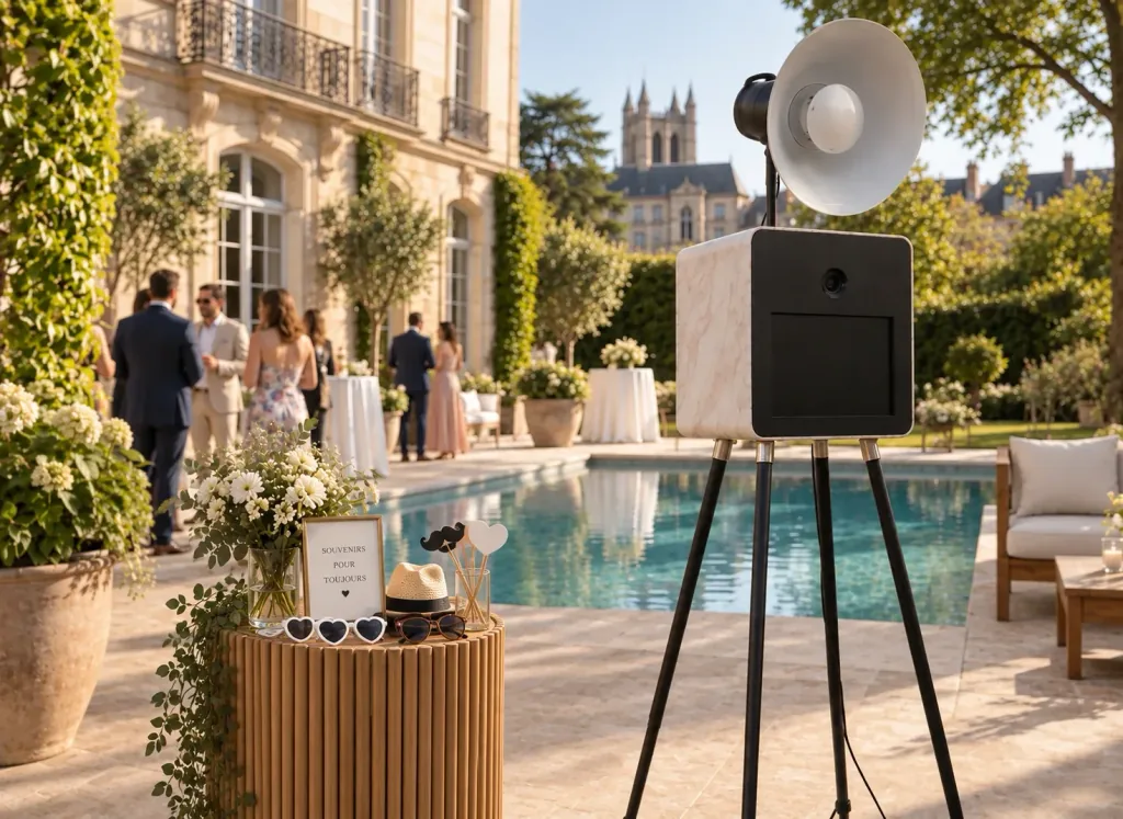 Photobooth finition marbre et accessoires lors d’un cocktail en extérieur