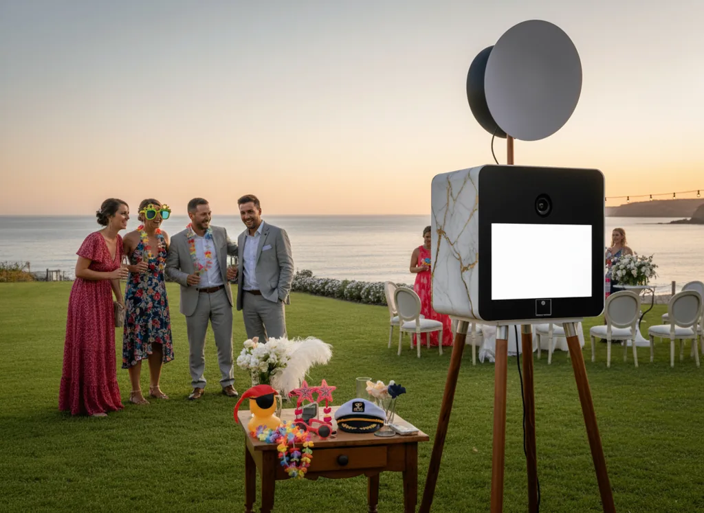 Photobooth effet marbre et table d’accessoires dans un décor de mariage face à la mer