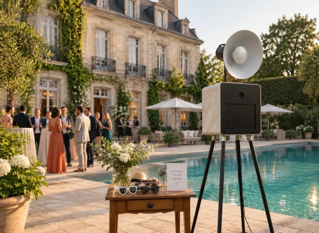 Photobooth finition marbre près d’une piscine, avec une table d’accessoires