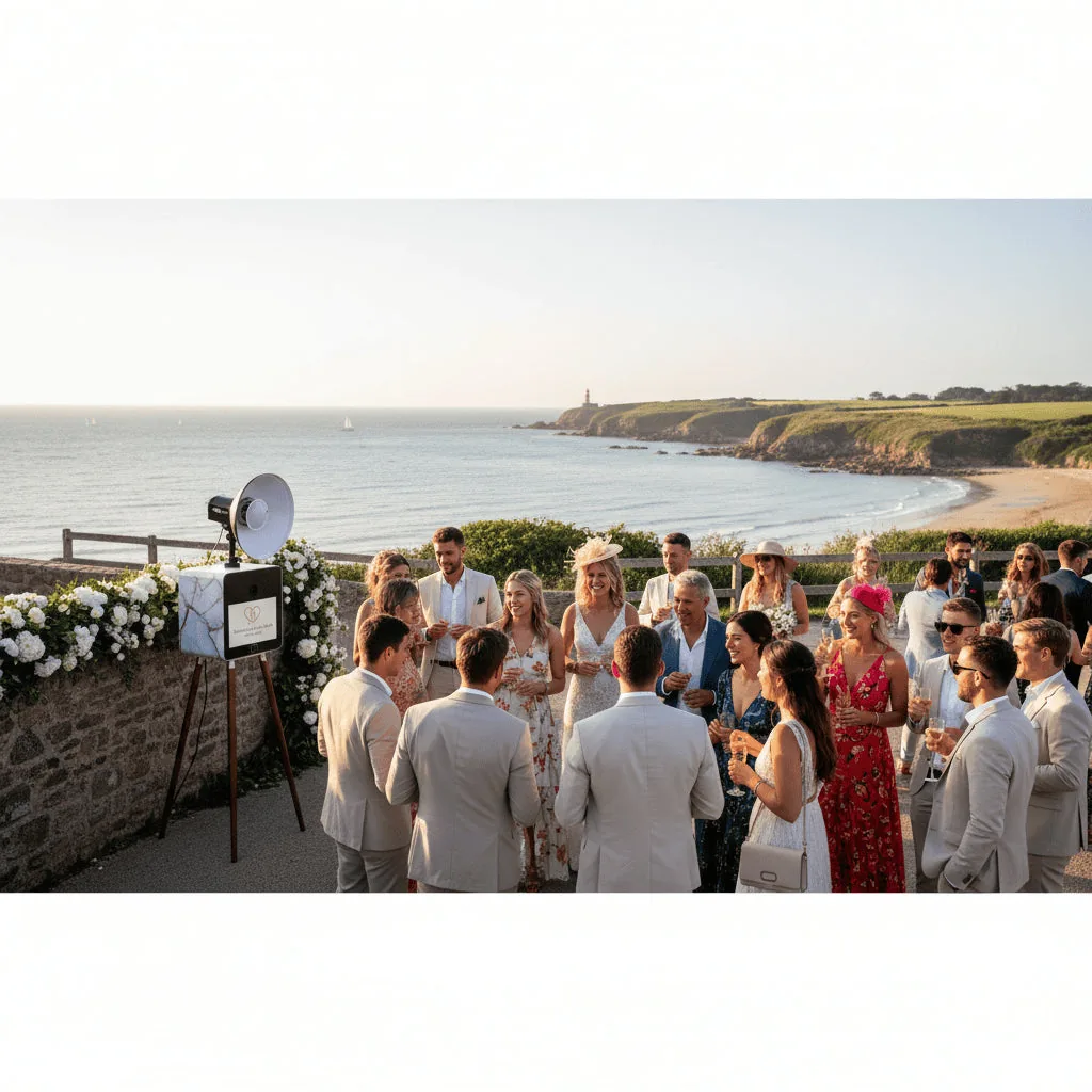 Invités réunis près d’un photobooth sur une terrasse de mariage face à la mer