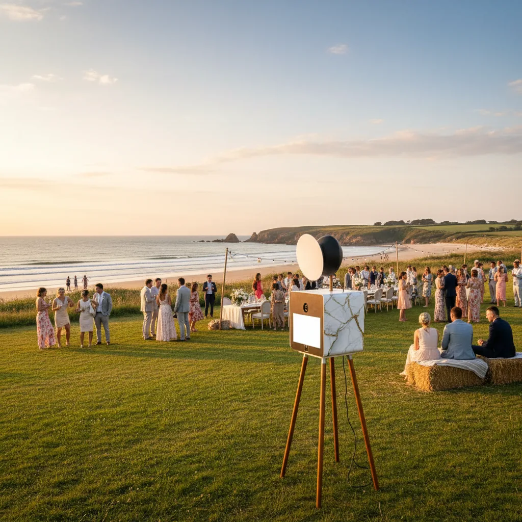 Photobooth et invités dans un jardin de réception au bord de la mer