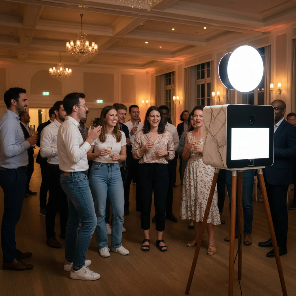 Des invités réunis près du photobooth dans une salle de réception