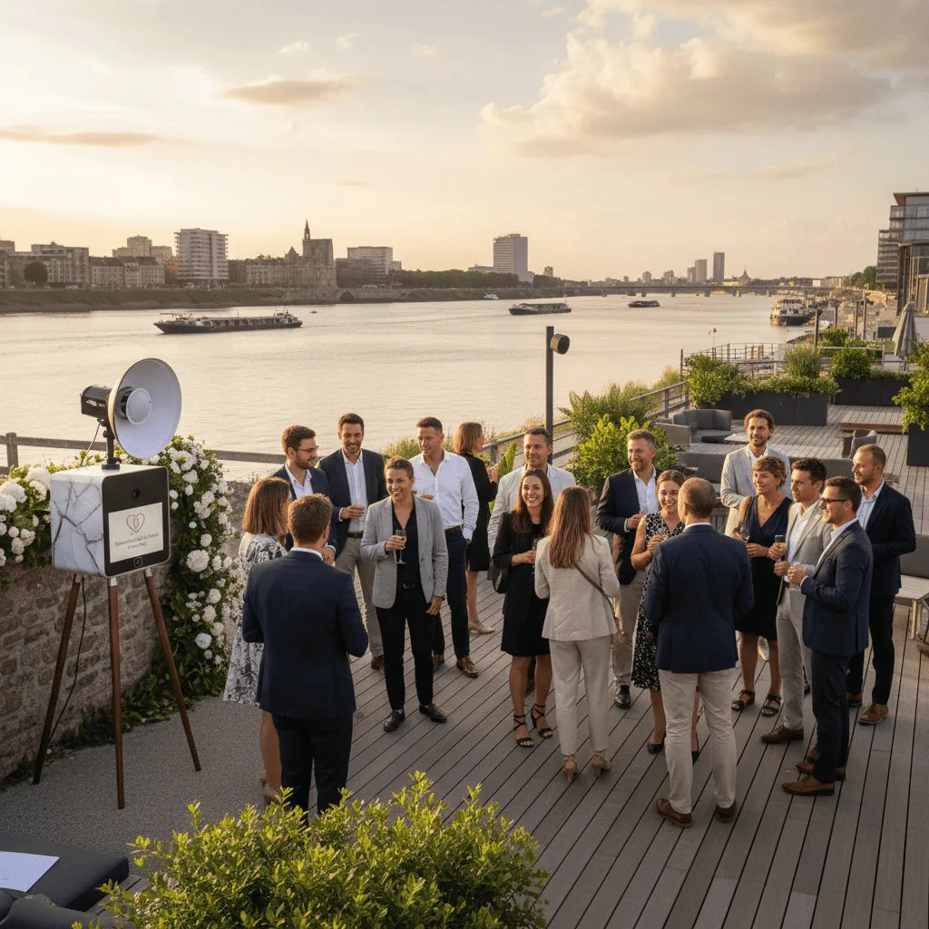Photobooth et invités sur une terrasse lors d’une soirée d’entreprise