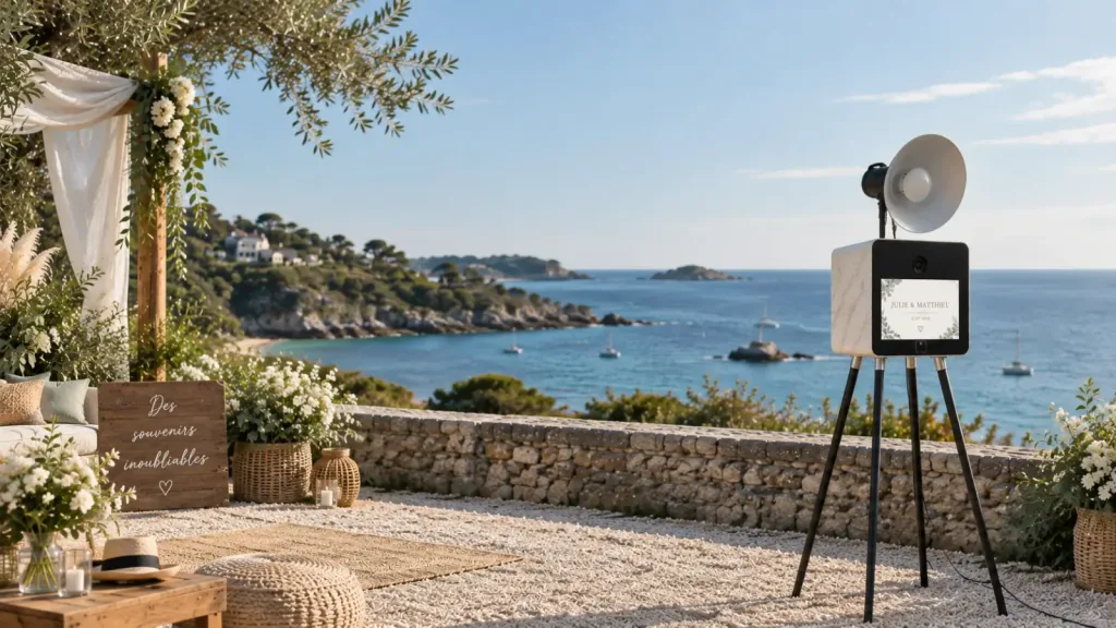 Photobooth installé sur une terrasse avec vue sur la mer